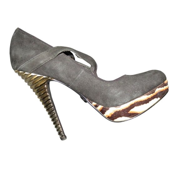 RACHEL ROY Kirstyn Black Suede T-Strap with Tiger Stripe Platform Screw Heels 7 - Picture 8 of 12